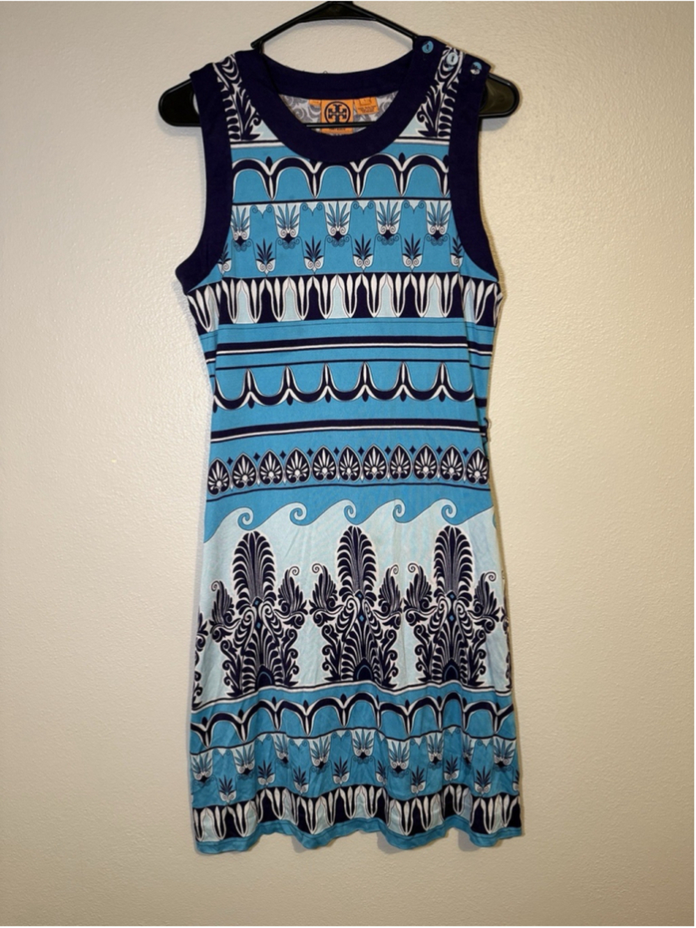 Tory Burch Blue Silk Jersey Printed Shift Dress L Resort Coastal Chic
